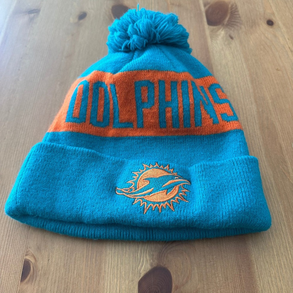 Miami Dolphins NFL Knit Beanie Hat Aqua Blue Orange Pom Pom Winter Cap